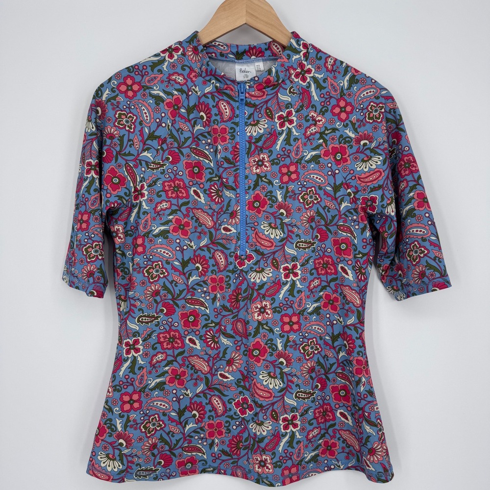 Boden Rash Guard Womens 12 Blue Pink Floral Paisley Zip Neck Swim Top Beachy